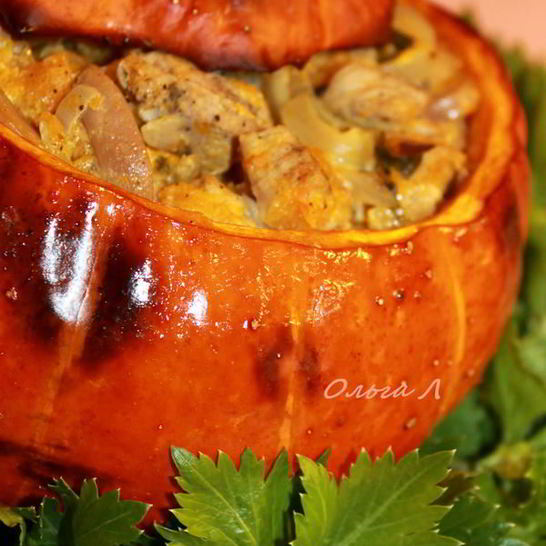 Рецепт сливочно-грибного рагу с мясом в тыкве