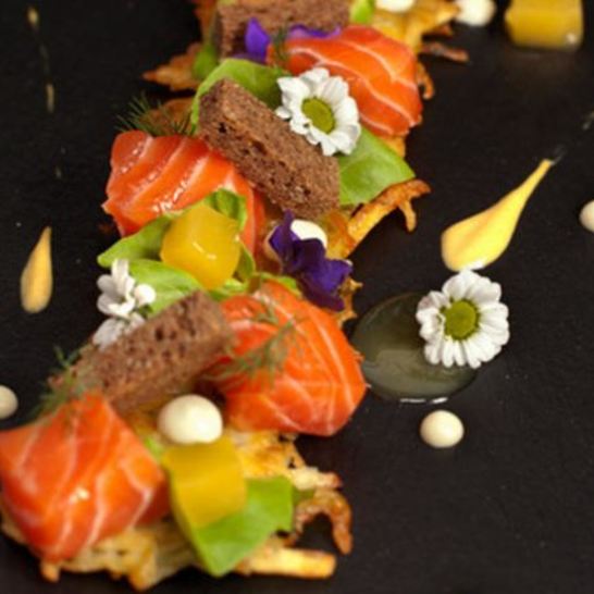 Рецепт лосося с апельсиновым желе и картофелем рести