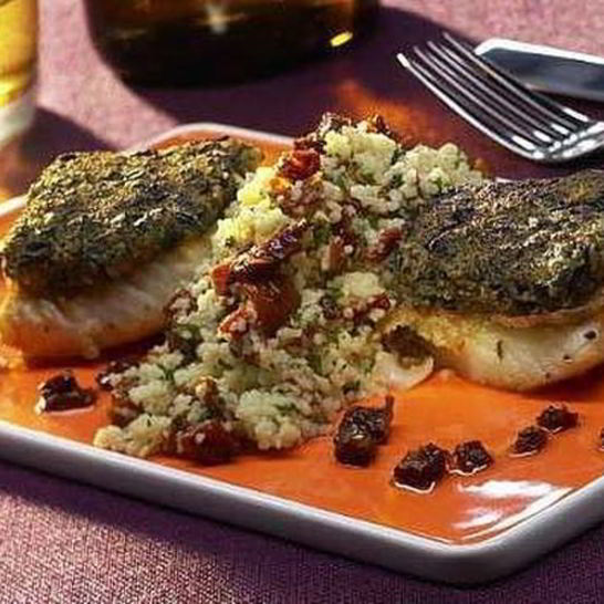 Рецепт палтуса в оливковом кляре с салатом из кускуса