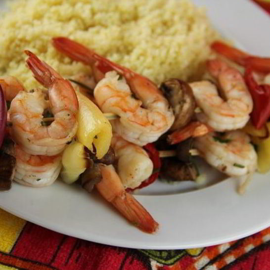 Рецепт шашлычков из креветок с овощами и грибами