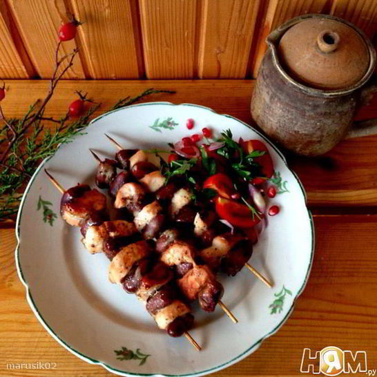 Рецепт шашлычков из куриных сердечек и грудки