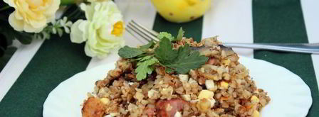 гречка с шампиньонами, сырокопченой грудинкой и яйцом. Шаг 5