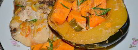 куриные грудки в апельсиново-кленовом сиропе с акорн тыквой и сладким картофелем. Шаг 4