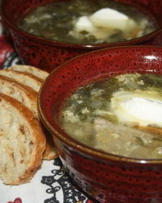 Зеленый борщ со щавелем и виноградными листьями