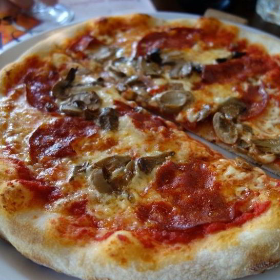 Рецепт пиццы с колбасой, грибами и помидорами