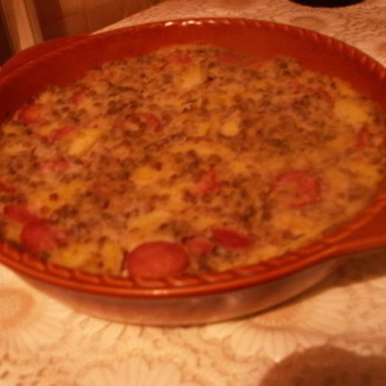 Рецепт запеканки из риса, гречки и картофеля с колбасками