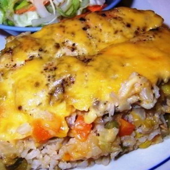 Рецепт запеканки из риса с курицей, овощами и грибами