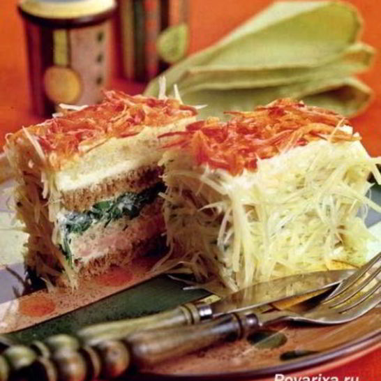 Рецепт бутербродных слоеных тортиков с окороком